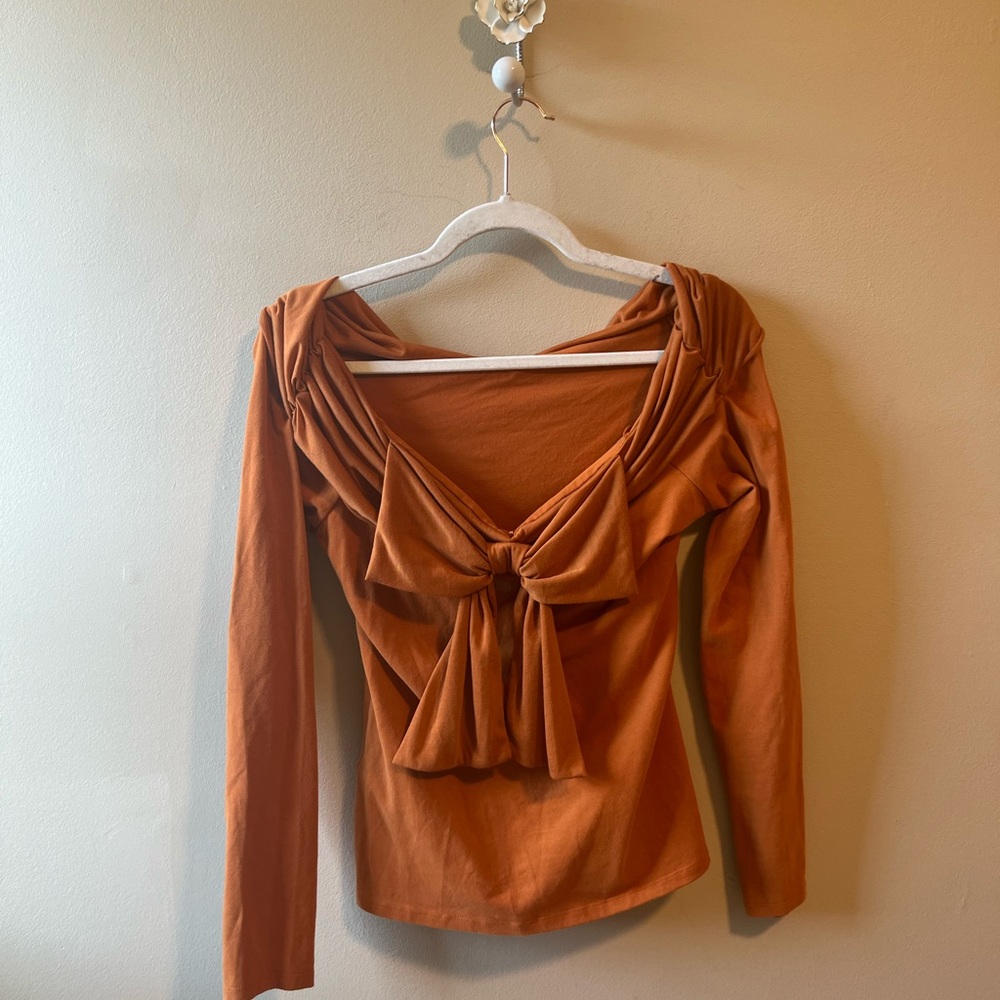 Anthropologie Maeve Bow-Back Wrap Top In Copper - Picture 7 of 8